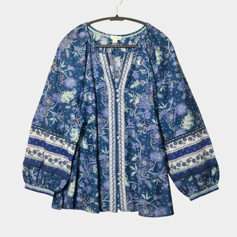 Sundance Arvilla Silk Cotton Floral Puff Sleeve Blouse XL Blue Coastal Boho NWOT